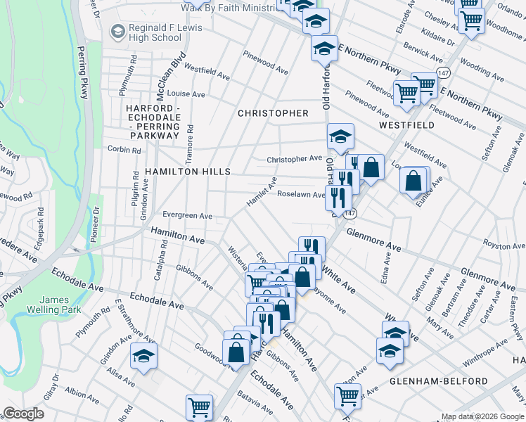 map of restaurants, bars, coffee shops, grocery stores, and more near 2709 White Ave in Baltimore