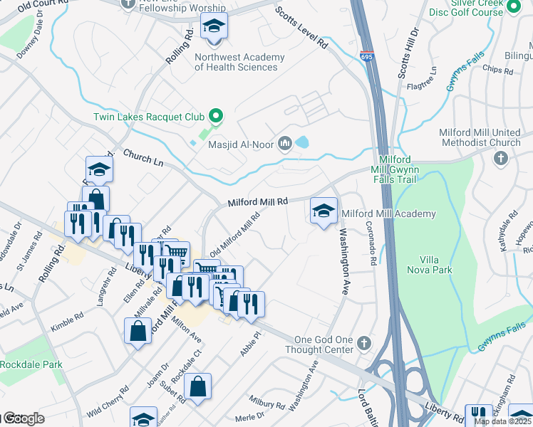 map of restaurants, bars, coffee shops, grocery stores, and more near 3725 Old Milford Mill Road in Milford Mill