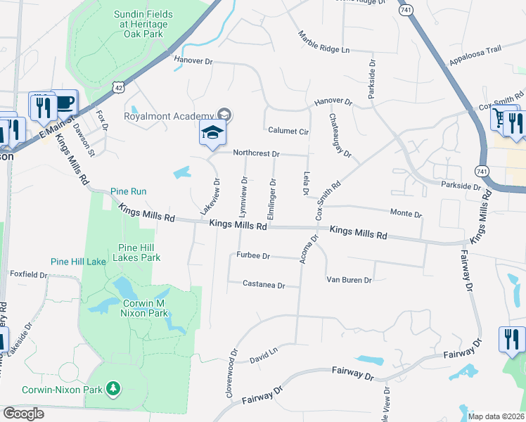 map of restaurants, bars, coffee shops, grocery stores, and more near 304 Kings Mills Road in Mason