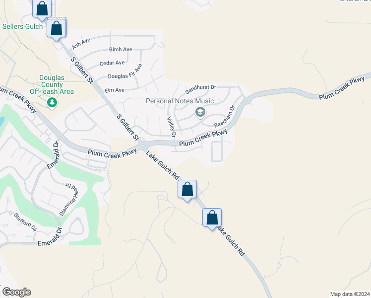 map of restaurants, bars, coffee shops, grocery stores, and more near 2040 Oakcrest Circle in Castle Rock