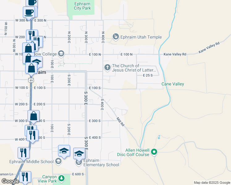 map of restaurants, bars, coffee shops, grocery stores, and more near 165 South 400 East in Ephraim