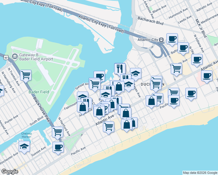 map of restaurants, bars, coffee shops, grocery stores, and more near 2819 Denny Street in Atlantic City