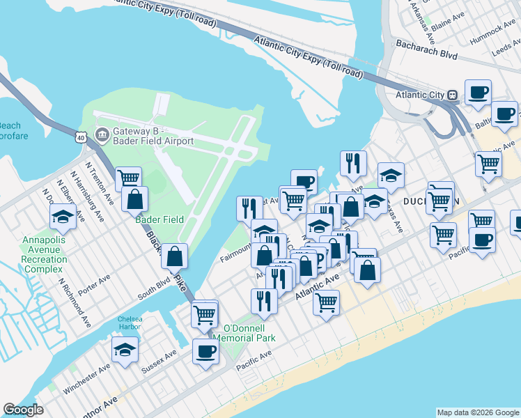 map of restaurants, bars, coffee shops, grocery stores, and more near 228 North Montpelier Avenue in Atlantic City