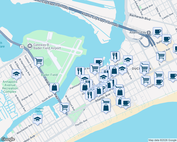 map of restaurants, bars, coffee shops, grocery stores, and more near 205 North Chelsea Avenue in Atlantic City