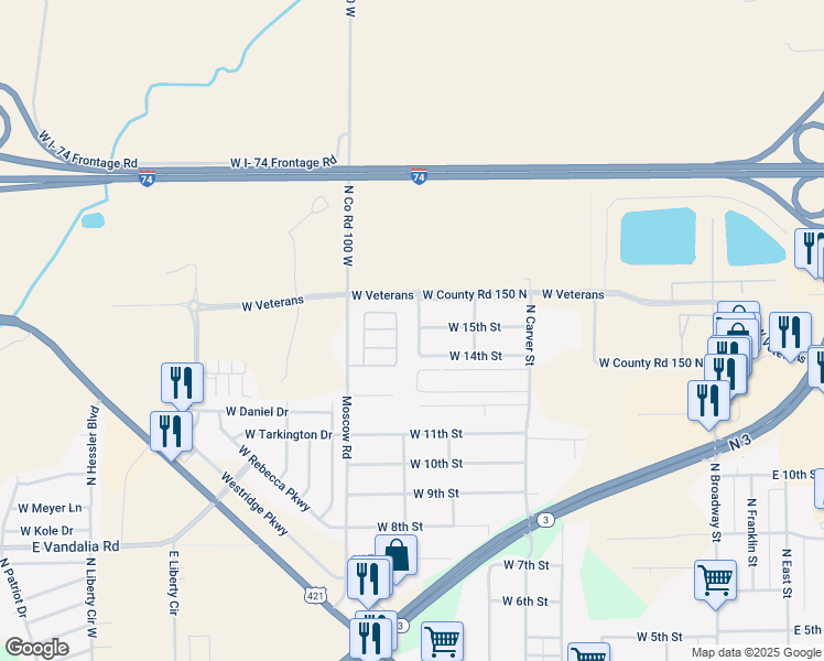 map of restaurants, bars, coffee shops, grocery stores, and more near 829 West 15th Street in Greensburg
