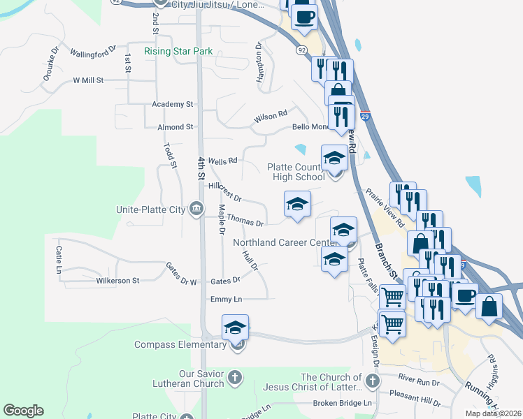map of restaurants, bars, coffee shops, grocery stores, and more near 520 Thomas Drive in Platte City