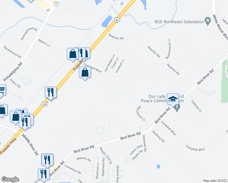 map of restaurants, bars, coffee shops, grocery stores, and more near 9956 Ravenhurst Road in Middle River