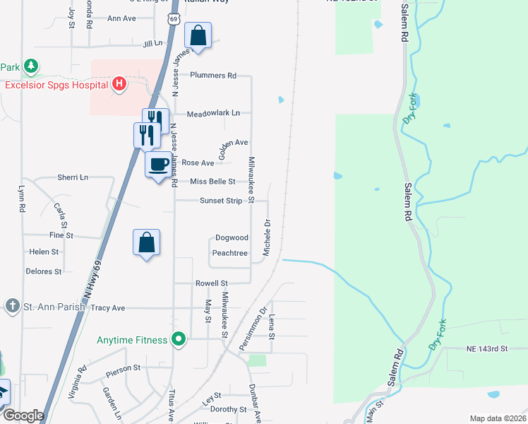 map of restaurants, bars, coffee shops, grocery stores, and more near 1223 Milwaukee Street in Excelsior Springs