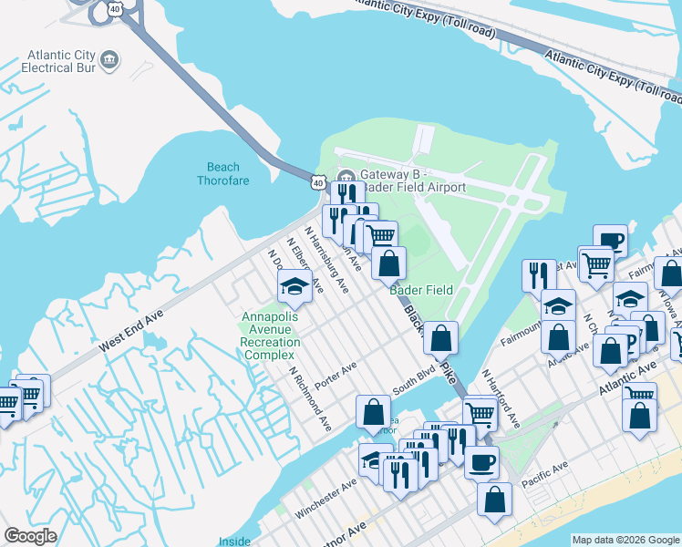 map of restaurants, bars, coffee shops, grocery stores, and more near 515 North Harrisburg Avenue in Atlantic City