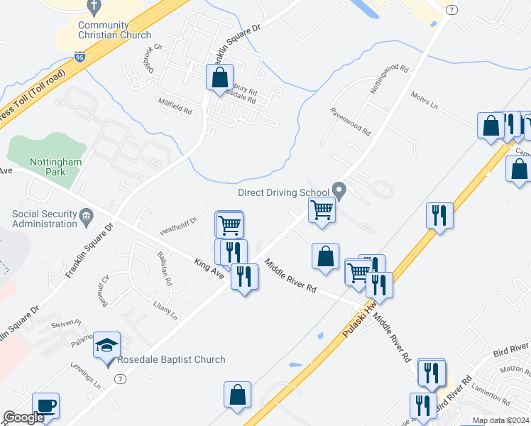 map of restaurants, bars, coffee shops, grocery stores, and more near 104 King Charles Circle in Rosedale