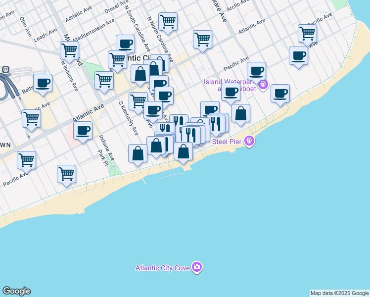 map of restaurants, bars, coffee shops, grocery stores, and more near 1327 Boardwalk in Atlantic City