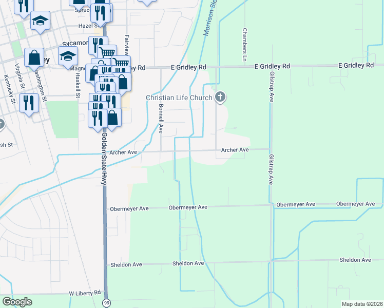 map of restaurants, bars, coffee shops, grocery stores, and more near 162 Archer Avenue in Gridley