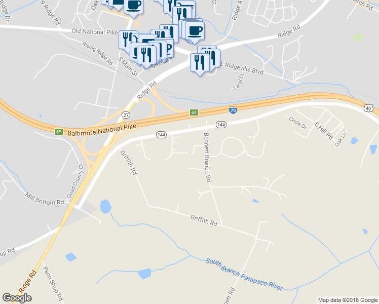 map of restaurants, bars, coffee shops, grocery stores, and more near 7900 Bennett Branch Road in Mount Airy