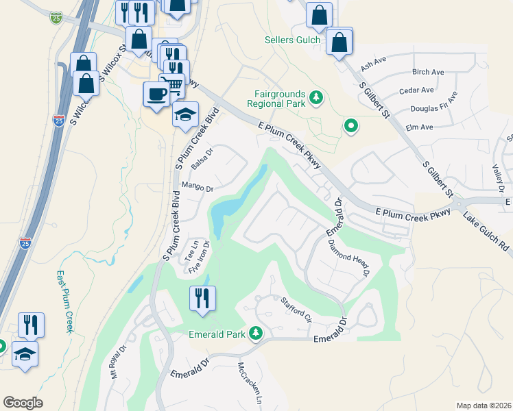 map of restaurants, bars, coffee shops, grocery stores, and more near 1404 Peninsula Circle in Castle Rock
