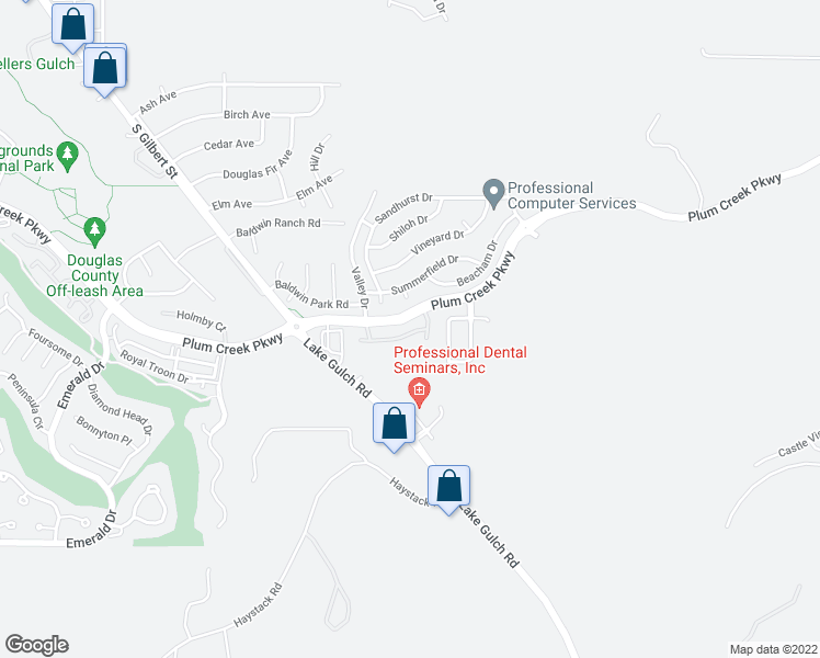 map of restaurants, bars, coffee shops, grocery stores, and more near 2047 Oakcrest Circle in Castle Rock