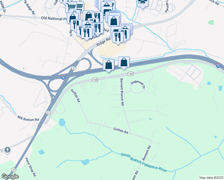 map of restaurants, bars, coffee shops, grocery stores, and more near 7900 Bennett Branch Road in Mount Airy