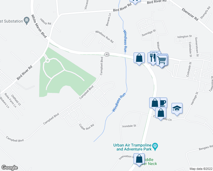 map of restaurants, bars, coffee shops, grocery stores, and more near 10544 Braddock Run Road in Middle River