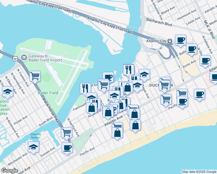 map of restaurants, bars, coffee shops, grocery stores, and more near 208 North Brighton Avenue in Atlantic City