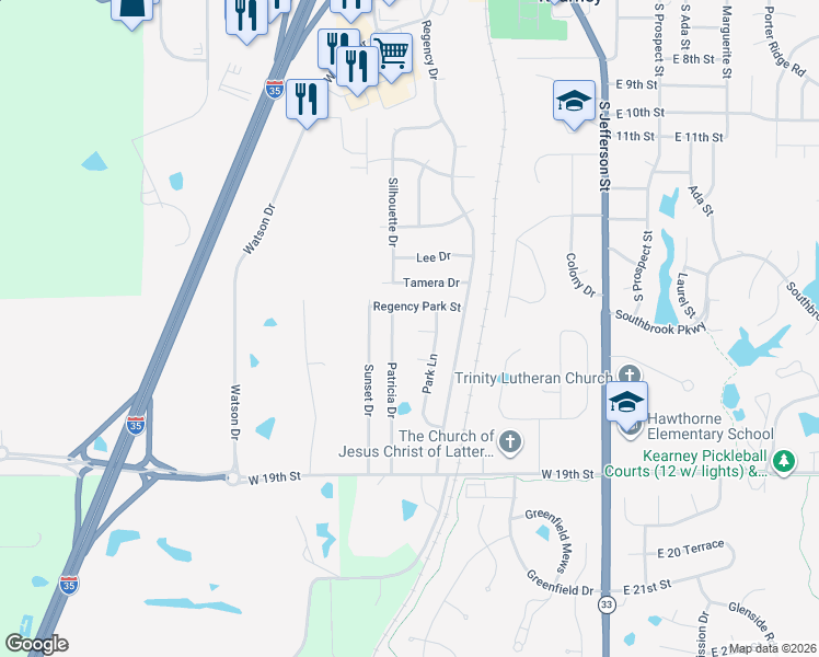 map of restaurants, bars, coffee shops, grocery stores, and more near 402 West 18th Street Circle in Kearney