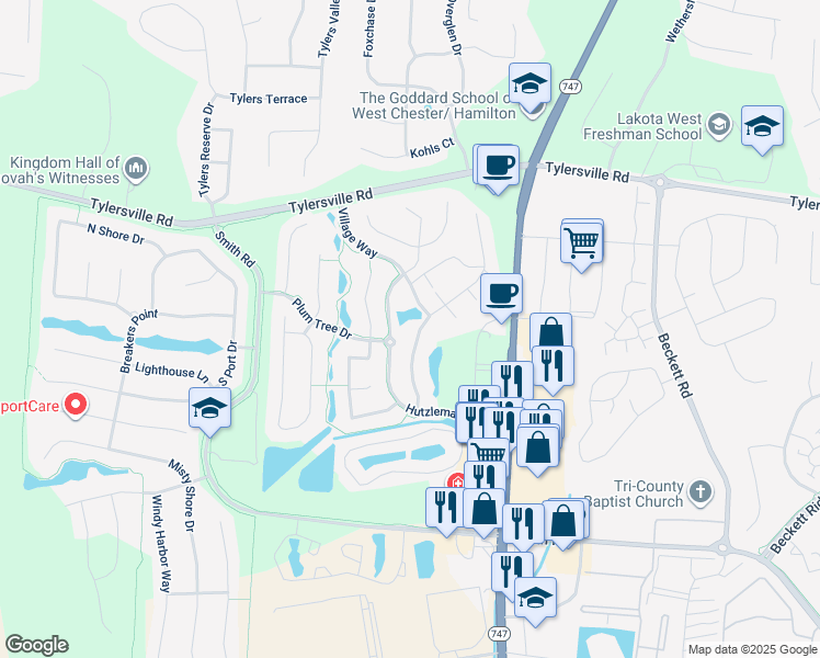 map of restaurants, bars, coffee shops, grocery stores, and more near 7991 Pinnacle Point Drive in Butler County
