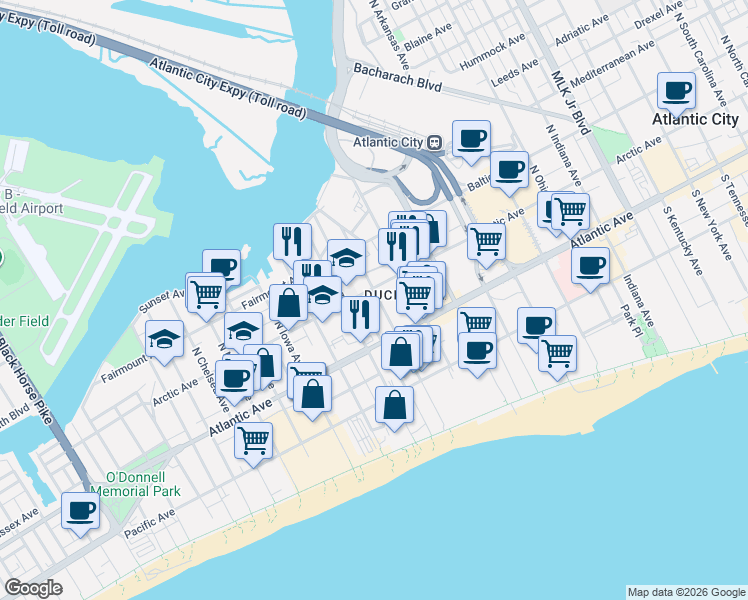 map of restaurants, bars, coffee shops, grocery stores, and more near 27 North Texas Avenue in Atlantic City