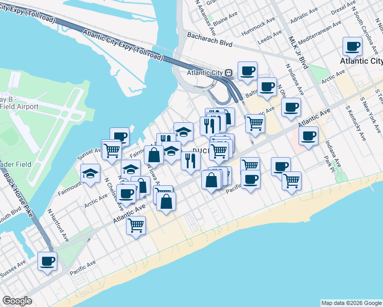 map of restaurants, bars, coffee shops, grocery stores, and more near 27 North Texas Avenue in Atlantic City