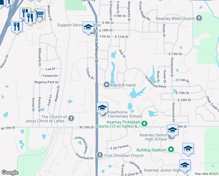 map of restaurants, bars, coffee shops, grocery stores, and more near 210 East 17th Street in Kearney