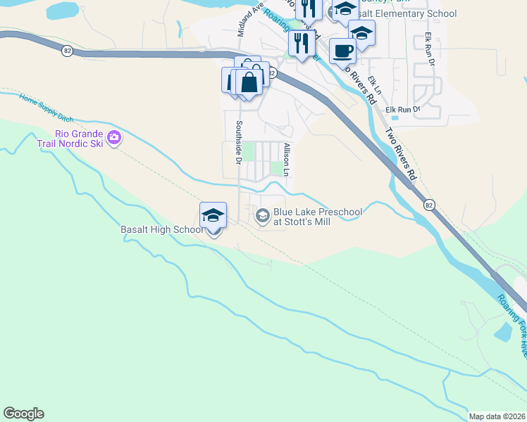 map of restaurants, bars, coffee shops, grocery stores, and more near 400 Lakeside Court in Basalt