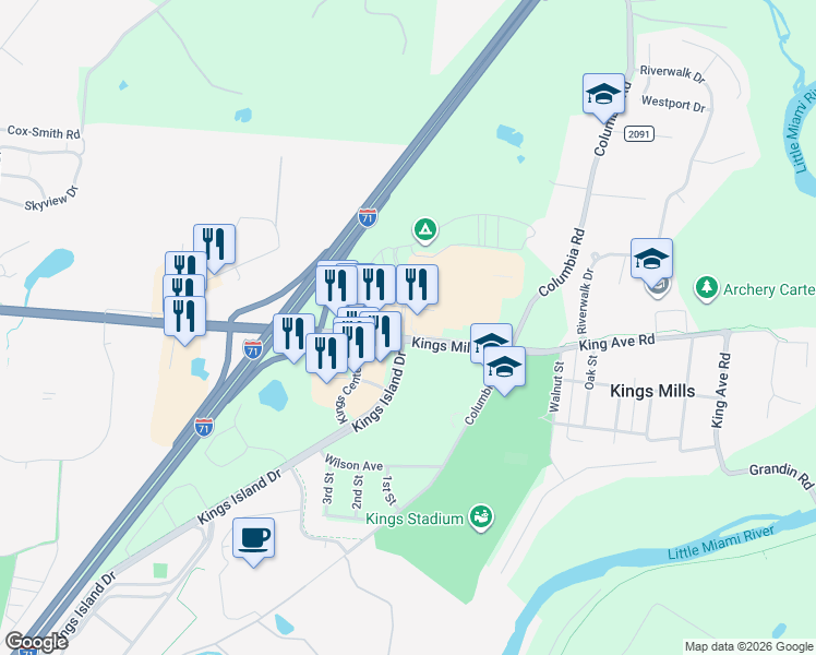 map of restaurants, bars, coffee shops, grocery stores, and more near 5328-5356 Kings Island Drive in Mason