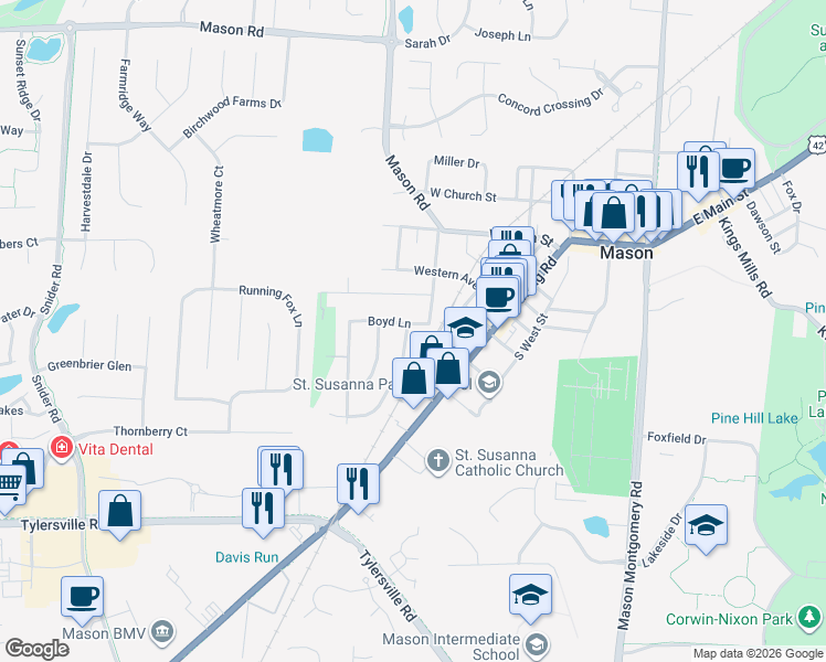 map of restaurants, bars, coffee shops, grocery stores, and more near 106 East Circle Drive in Mason