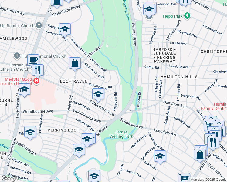 map of restaurants, bars, coffee shops, grocery stores, and more near 5768 Maplehill Road in Baltimore