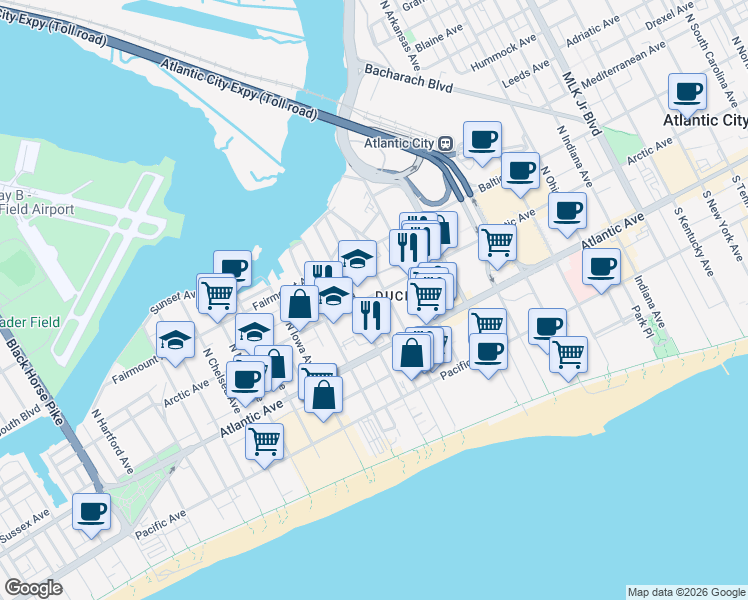 map of restaurants, bars, coffee shops, grocery stores, and more near 27 North Texas Avenue in Atlantic City