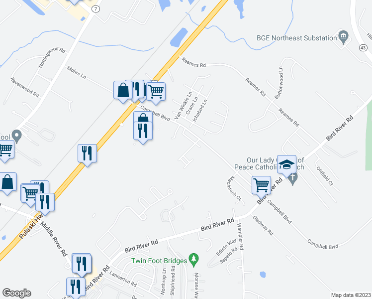 map of restaurants, bars, coffee shops, grocery stores, and more near 9943 Ravenhurst Road in Middle River