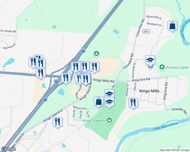 map of restaurants, bars, coffee shops, grocery stores, and more near 5328 Kings Island Drive in Mason
