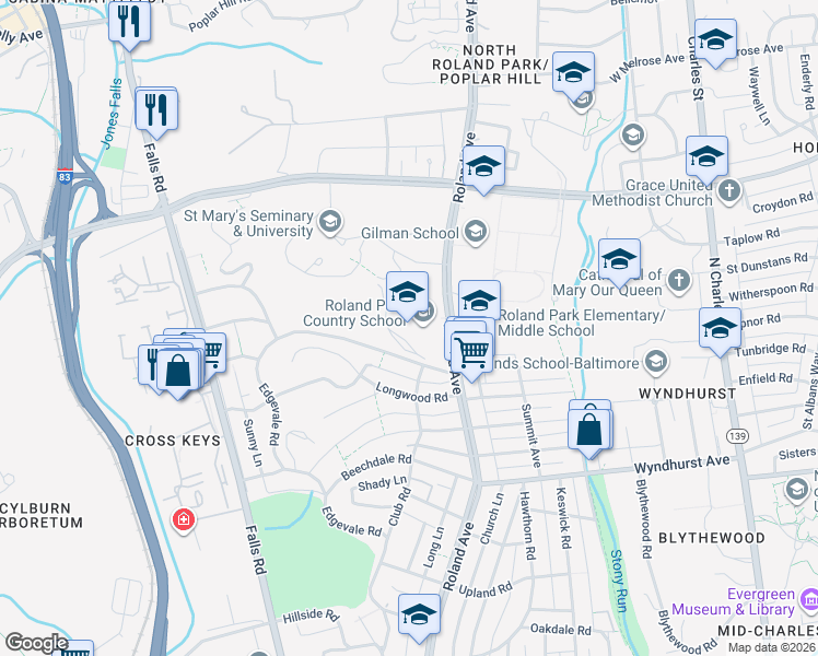 map of restaurants, bars, coffee shops, grocery stores, and more near 5204 Roland Avenue in Baltimore