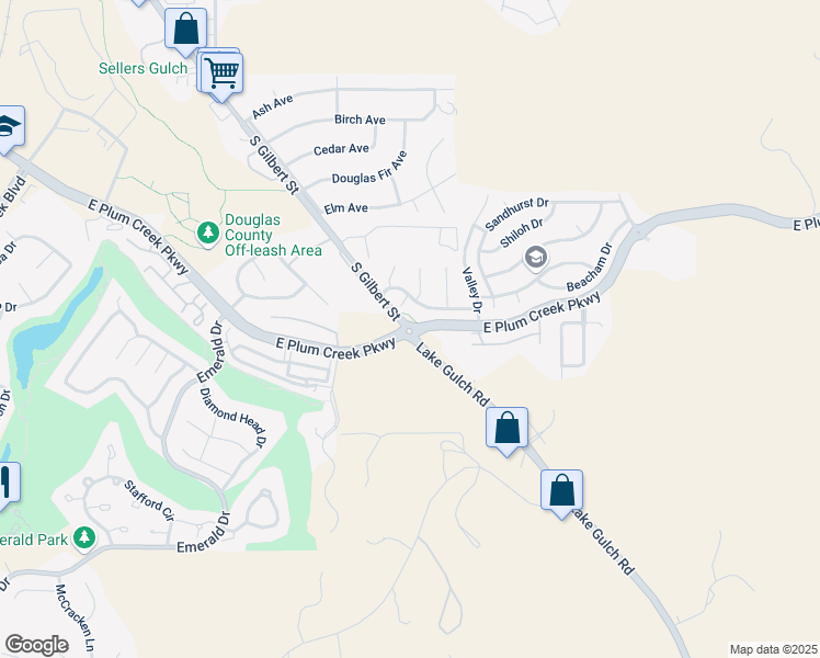map of restaurants, bars, coffee shops, grocery stores, and more near Plum Creek Pkwy & S Gilbert St in Castle Rock