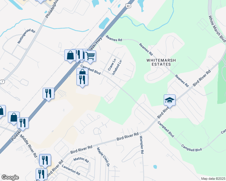 map of restaurants, bars, coffee shops, grocery stores, and more near 9956 Ravenhurst Road in Middle River