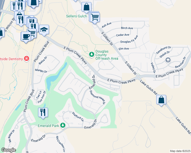 map of restaurants, bars, coffee shops, grocery stores, and more near 1278 Royal Troon Drive in Castle Rock