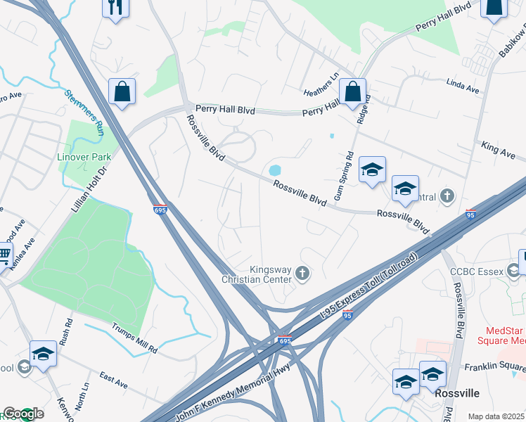 map of restaurants, bars, coffee shops, grocery stores, and more near 7521 Gum Spring Road in Rosedale
