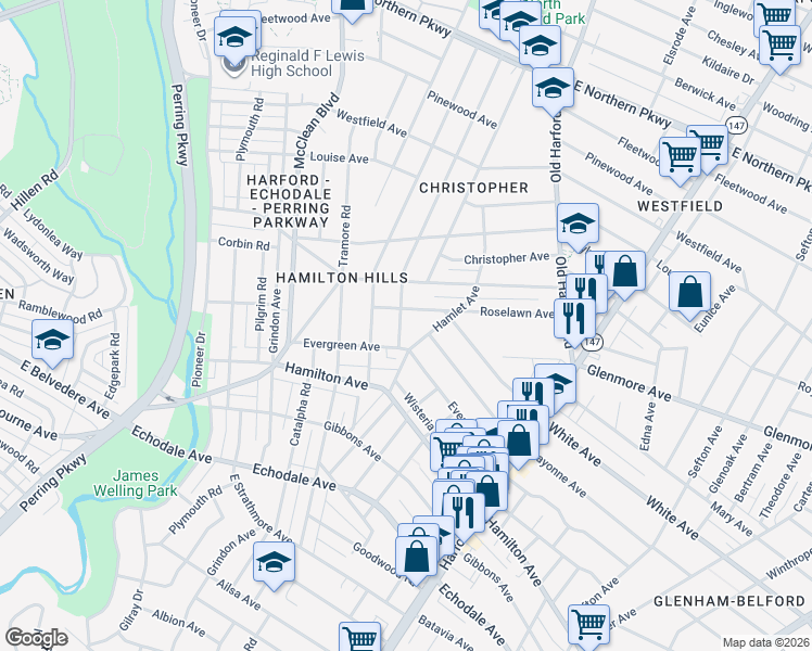 map of restaurants, bars, coffee shops, grocery stores, and more near 5611 Birchwood Avenue in Baltimore
