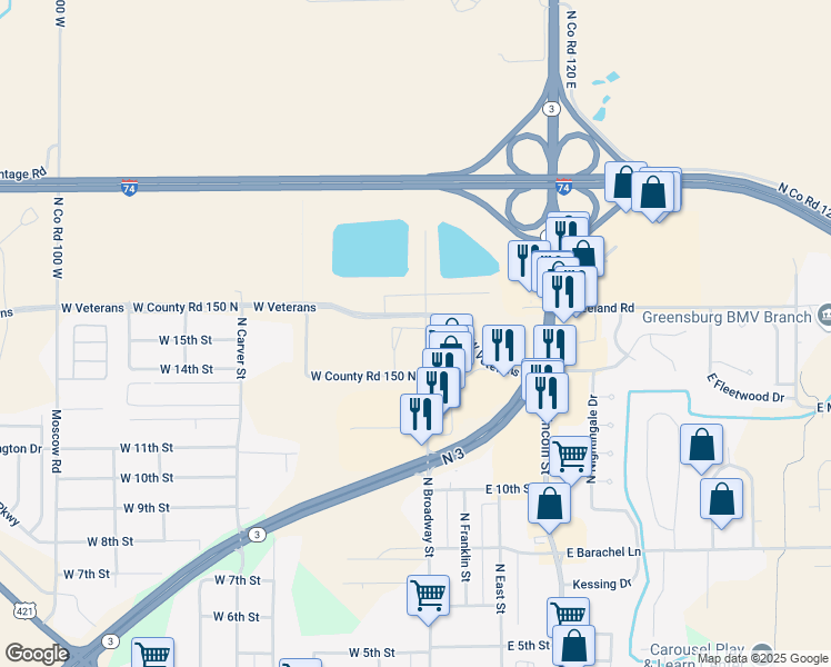 map of restaurants, bars, coffee shops, grocery stores, and more near 2301 North Broadway Street in Greensburg