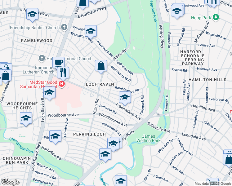 map of restaurants, bars, coffee shops, grocery stores, and more near 1900 Crestview Road in Baltimore