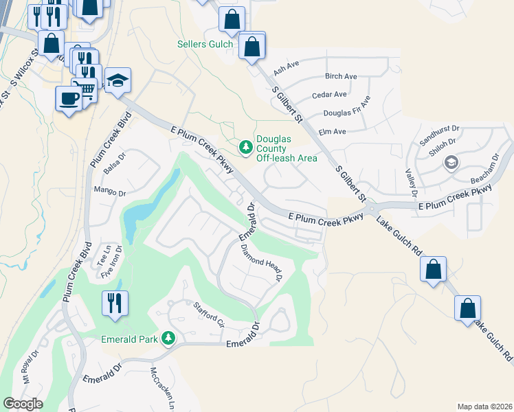 map of restaurants, bars, coffee shops, grocery stores, and more near 1270 Royal Troon Drive in Castle Rock