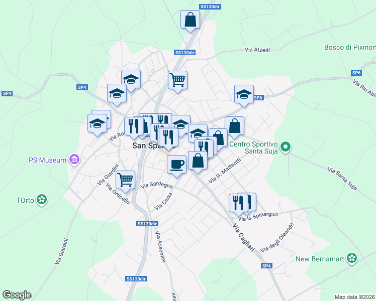 map of restaurants, bars, coffee shops, grocery stores, and more near 26 Via Carbonia in San Sperate