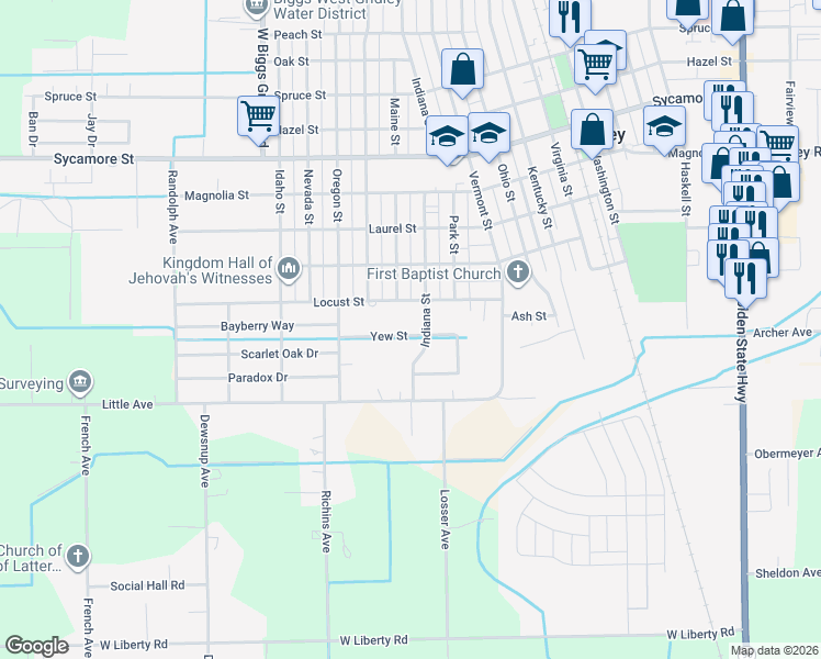 map of restaurants, bars, coffee shops, grocery stores, and more near 1335 Locust Street in Gridley