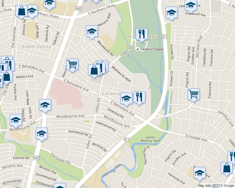 map of restaurants, bars, coffee shops, grocery stores, and more near 1900 Crestview Road in Baltimore