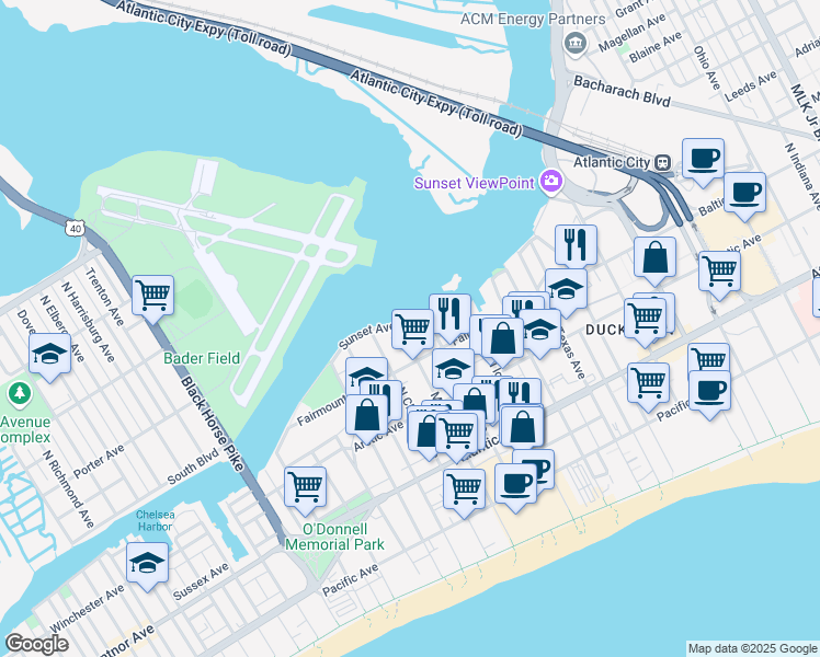 map of restaurants, bars, coffee shops, grocery stores, and more near 215 North Brighton Avenue in Atlantic City