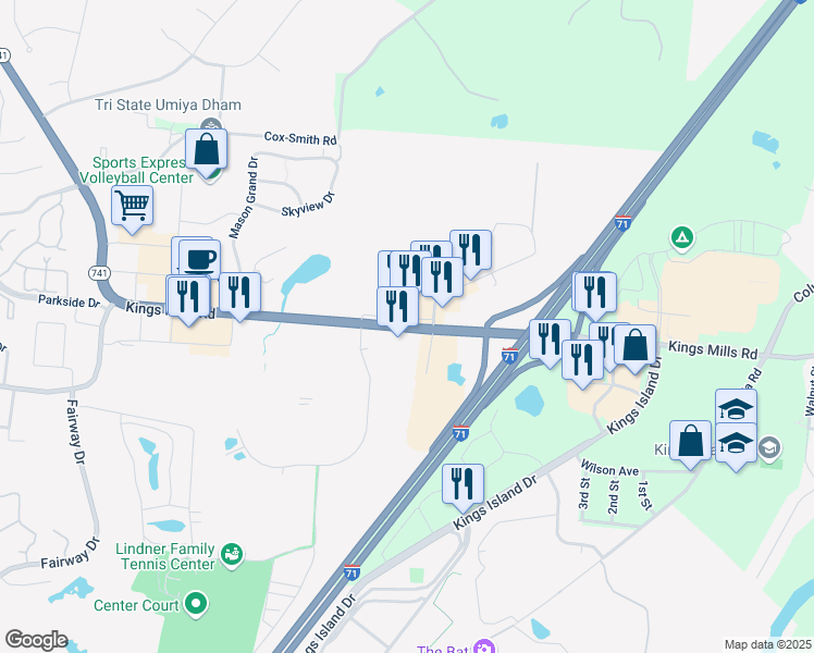 map of restaurants, bars, coffee shops, grocery stores, and more near 5542 Highway 741 in Mason