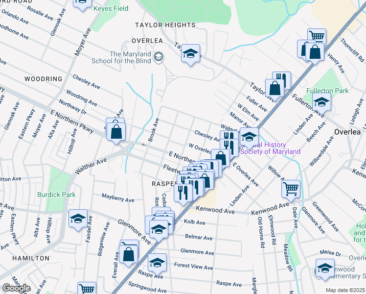 map of restaurants, bars, coffee shops, grocery stores, and more near 3915 West Overlea Avenue in Baltimore