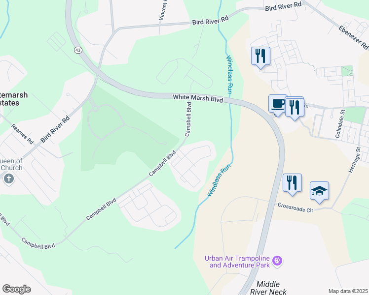 map of restaurants, bars, coffee shops, grocery stores, and more near 10425 Campbell Boulevard in Middle River